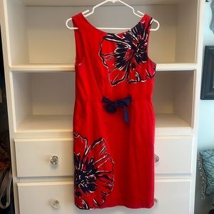 Lilly Pulitzer red, white and blue flowered shift dress with blue bow.